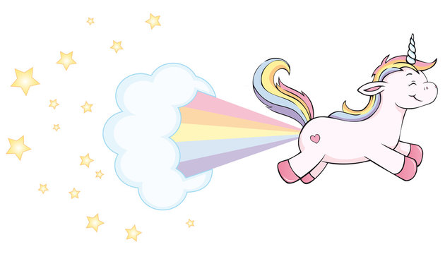 cute unicorn farting rainbow with stars and cloud