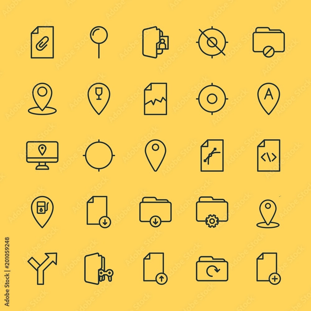 Poster modern simple set of location, folder, files vector outline icons. ..contains such icons as paper, g