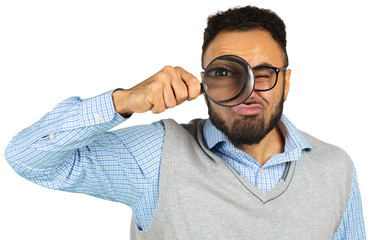 Multicultural man geek expressing frustration and anxiety isolated on white background