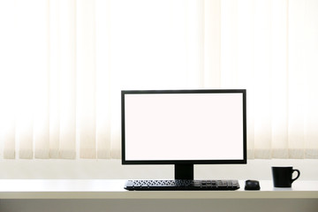 Computer, Desktop PC. for business ,background blur of curtain window.copy space.