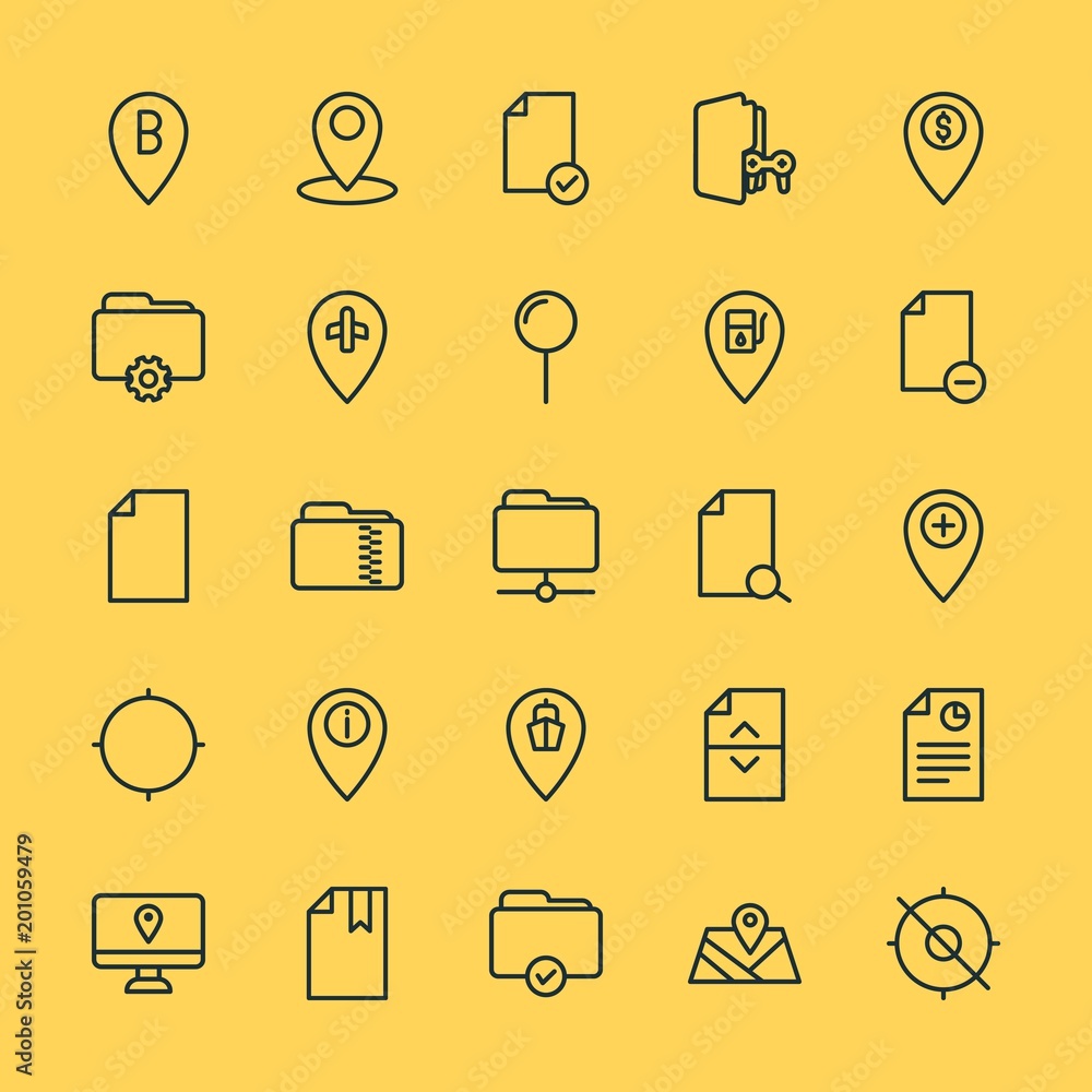 Poster modern simple set of location, folder, files vector outline icons. ..contains such icons as book, lo