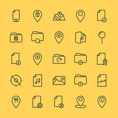 Modern Simple Set of location, folder, files Vector outline Icons. ..Contains such Icons as  block, map,  symbol,  white,  travel, broken and more on yellow background. Fully Editable. Pixel Perfect.