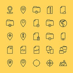 Modern Simple Set of location, folder, files Vector outline Icons. ..Contains such Icons as  copy,  light,  goal,  map, information,  add and more on yellow background. Fully Editable. Pixel Perfect.