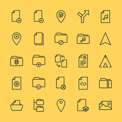 Modern Simple Set of location, folder, files Vector outline Icons. ..Contains such Icons as  system, add,  office,  delete,  leaflet,  new and more on yellow background. Fully Editable. Pixel Perfect.