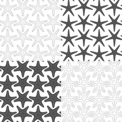 Set of black and white seamless patterns with starfish. Vector backgrounds on white.
