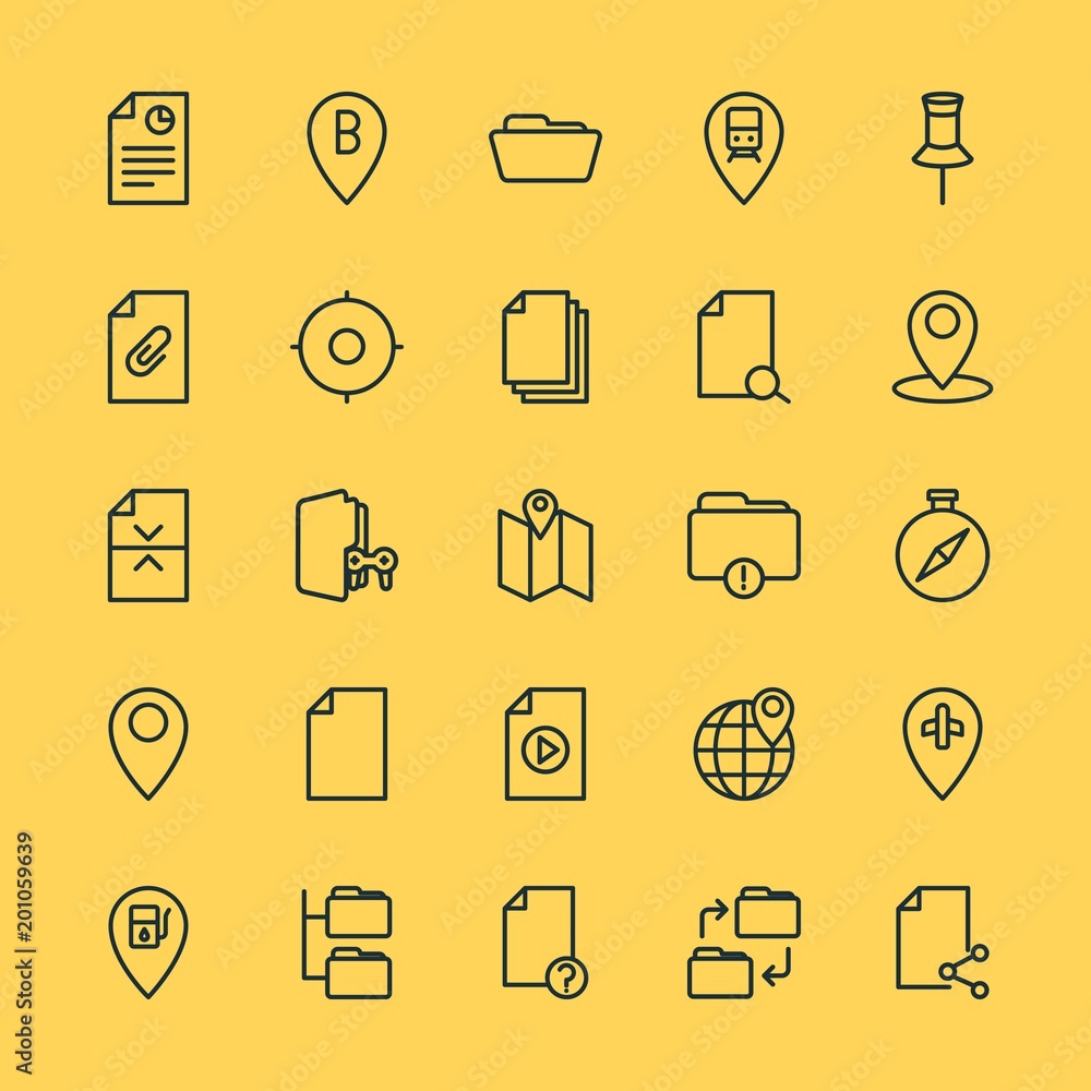 Poster modern simple set of location, folder, files vector outline icons. ..contains such icons as global, 