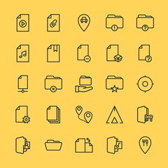 Modern Simple Set of location, folder, files Vector outline Icons. ..Contains such Icons as  white,  error, hidden,  blank,  sign,  clip and more on yellow background. Fully Editable. Pixel Perfect.