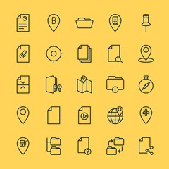 Modern Simple Set of location, folder, files Vector outline Icons. ..Contains such Icons as  global, hidden,  map, document, internet, map and more on yellow background. Fully Editable. Pixel Perfect.