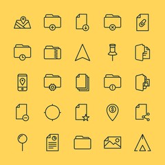 Modern Simple Set of location, folder, files Vector outline Icons. ..Contains such Icons as  work, business,  attach,  bank,  nature,  map and more on yellow background. Fully Editable. Pixel Perfect.
