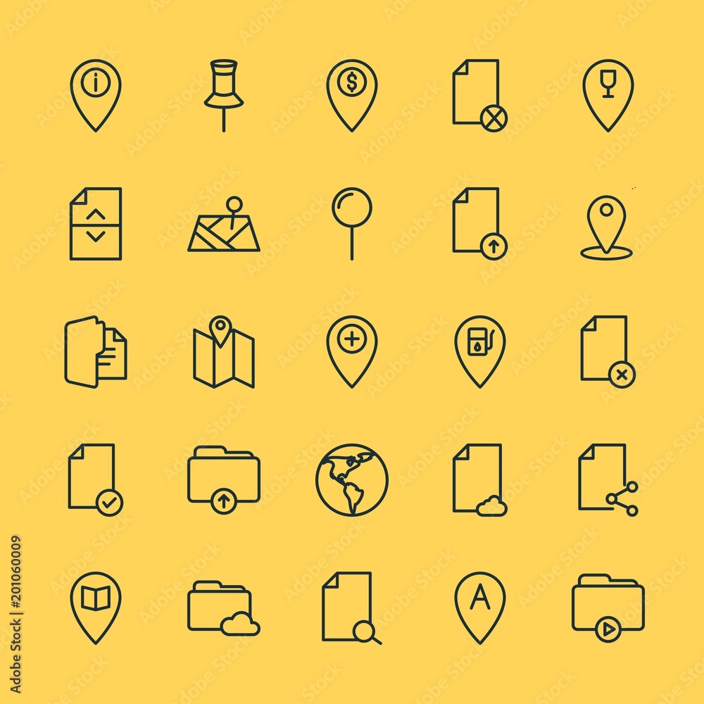 Poster modern simple set of location, folder, files vector outline icons. ..contains such icons as design, 