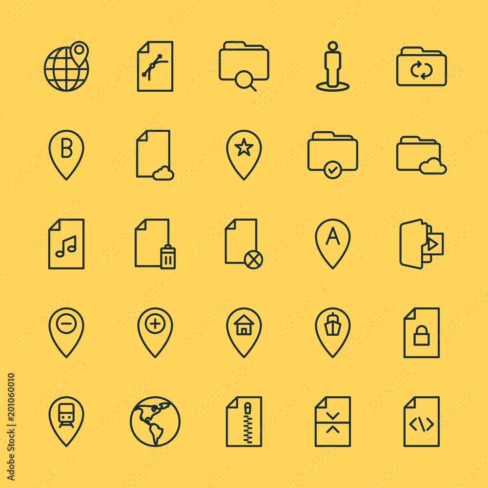 Poster modern simple set of location, folder, files vector outline icons. ..contains such icons as globe, j