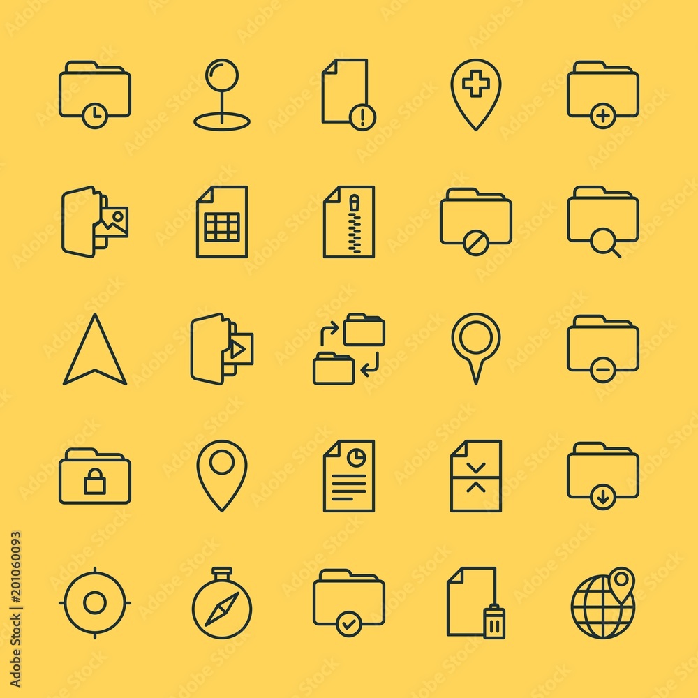 Poster modern simple set of location, folder, files vector outline icons. ..contains such icons as illustra