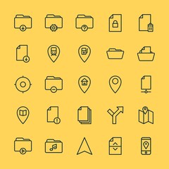Modern Simple Set of location, folder, files Vector outline Icons. ..Contains such Icons as security, station,  concept,  folder, remove and more on yellow background. Fully Editable. Pixel Perfect.