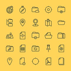 Modern Simple Set of location, folder, files Vector outline Icons. ..Contains such Icons as  information,  arrow,  file, error,  global and more on yellow background. Fully Editable. Pixel Perfect.
