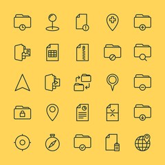 Modern Simple Set of location, folder, files Vector outline Icons. ..Contains such Icons as  illustration,  location,  folder,  globe, map and more on yellow background. Fully Editable. Pixel Perfect.