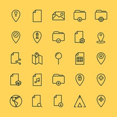 Modern Simple Set of location, folder, files Vector outline Icons. ..Contains such Icons as  folder,  download,  planet,  web, house,  pin and more on yellow background. Fully Editable. Pixel Perfect.