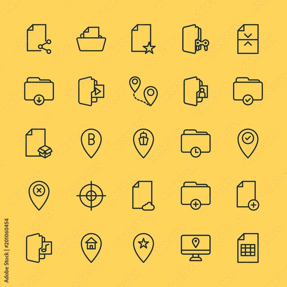 Poster modern simple set of location, folder, files vector outline icons. ..contains such icons as travel, 