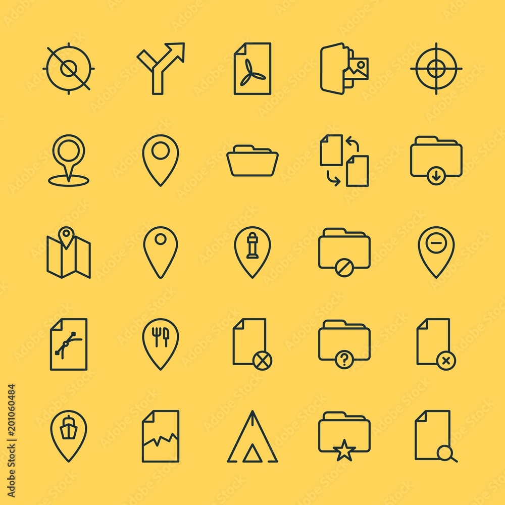 Poster modern simple set of location, folder, files vector outline icons. ..contains such icons as travel, 