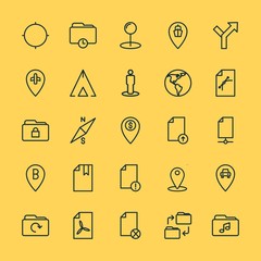 Modern Simple Set of location, folder, files Vector outline Icons. ..Contains such Icons as file,  port, compass, folder, summer,  update and more on yellow background. Fully Editable. Pixel Perfect.