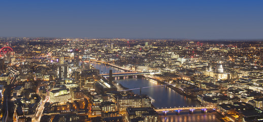 London cityscape at night, United Kingdom. Aerial view