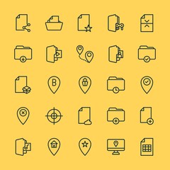 Modern Simple Set of location, folder, files Vector outline Icons. ..Contains such Icons as  travel,  folder,  location,  office, office and more on yellow background. Fully Editable. Pixel Perfect.