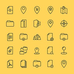 Modern Simple Set of location, folder, files Vector outline Icons. ..Contains such Icons as  work,  pin, information, location,  music and more on yellow background. Fully Editable. Pixel Perfect.