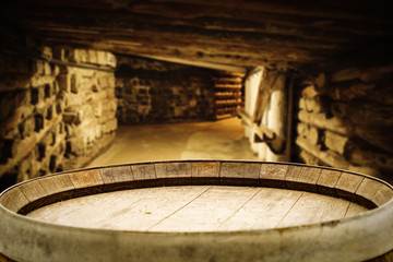 Table background and barrels decoration. Free space for your wine or beer 