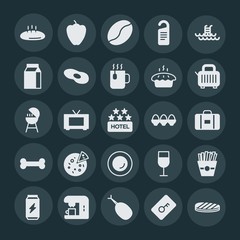 Modern Simple Set of food, hotel, drinks Vector fill Icons. ..Contains such Icons as door,  meat, toast,  drink,  meal,  potato,  beverage and more on dark background. Fully Editable. Pixel Perfect.