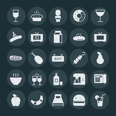 Modern Simple Set of food, hotel, drinks Vector fill Icons. ..Contains such Icons as stationery, bed,  espresso,  fried,  icon,  cup,  fast and more on dark background. Fully Editable. Pixel Perfect.