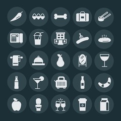 Modern Simple Set of food, hotel, drinks Vector fill Icons. ..Contains such Icons as bathroom,  container,  drink, croissant, wine, bone and more on dark background. Fully Editable. Pixel Perfect.