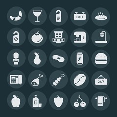 Modern Simple Set of food, hotel, drinks Vector fill Icons. ..Contains such Icons as coffee,  paprika, pear,  bean,  apple, cherry,  alcohol and more on dark background. Fully Editable. Pixel Perfect.