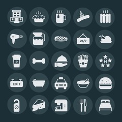 Modern Simple Set of food, hotel, drinks Vector fill Icons. ..Contains such Icons as  piece,  mug,  meat,  vector, fork, cup,  sweet, cheese and more on dark background. Fully Editable. Pixel Perfect.