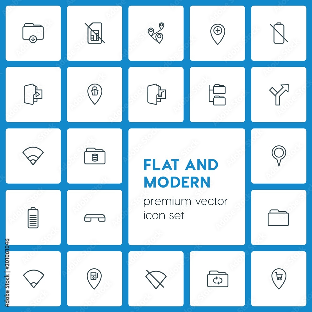 Poster modern simple set of location, folder, mobile vector outline icons. ..contains such icons as phone, 