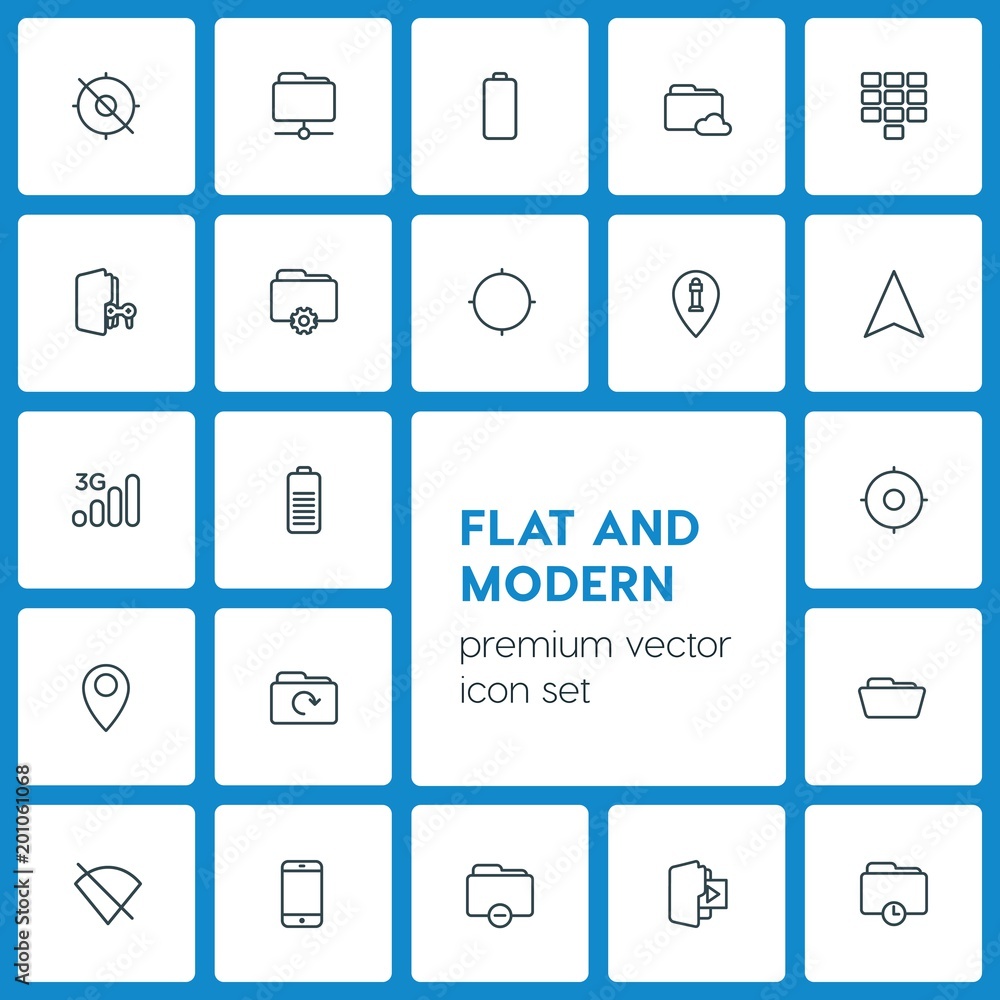 Poster modern simple set of location, folder, mobile vector outline icons. ..contains such icons as number,