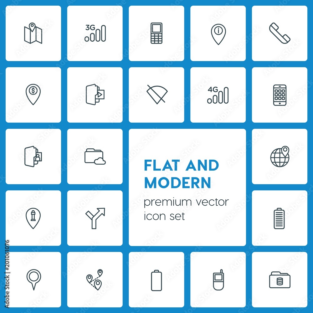 Poster modern simple set of location, folder, mobile vector outline icons. ..contains such icons as telepho