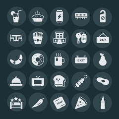 Modern Simple Set of food, hotel, drinks Vector fill Icons. ..Contains such Icons as solid, beverage, food,  water,  salami,  slice,  red and more on dark background. Fully Editable. Pixel Perfect.