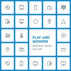 Modern Simple Set of location, folder, mobile Vector outline Icons. ..Contains such Icons as  number,  music,  blank,  phone,  energy,  web and more on dark background. Fully Editable. Pixel Perfect