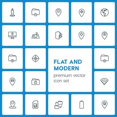 Modern Simple Set of location, folder, mobile Vector outline Icons. ..Contains such Icons as  file,  phone,  arrow,  technology,  charge,  no and more on dark background. Fully Editable. Pixel Perfect
