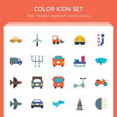 Modern Simple Set of transports, industry Vector flat Icons. ..Contains such Icons as  electricity,  front,  freight,  side,  truck,  work and more on red background. Fully Editable. Pixel Perfect..