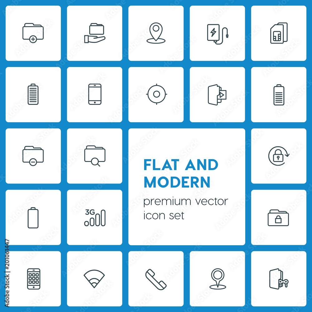 Poster modern simple set of location, folder, mobile vector outline icons. ..contains such icons as documen