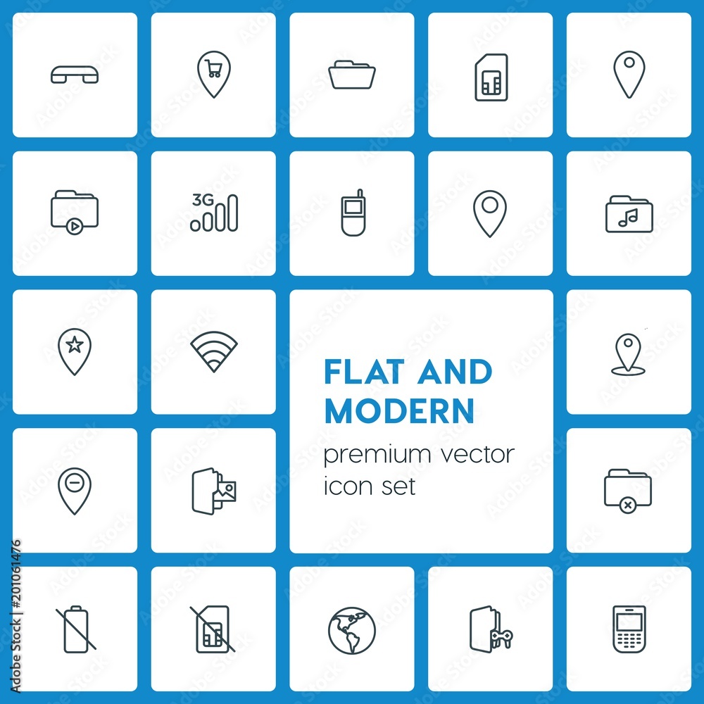 Poster modern simple set of location, folder, mobile vector outline icons. ..contains such icons as communi