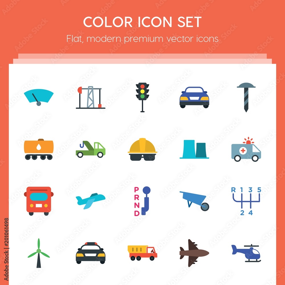 Poster modern simple set of transports, industry vector flat icons. ..contains such icons as speed, light, 