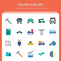Modern Simple Set of transports, industry Vector flat Icons. ..Contains such Icons as  truck,  bright,  simple, air,  electricity,  set, car and more on red background. Fully Editable. Pixel Perfect..