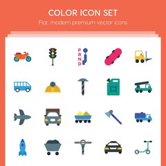 Modern Simple Set of transports, industry Vector flat Icons. ..Contains such Icons as  transportation, service,  skater,  technology,  car and more on red background. Fully Editable. Pixel Perfect..