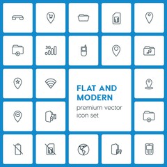 Modern Simple Set of location, folder, mobile Vector outline Icons. ..Contains such Icons as  communication, earth,  3g,  empty, phone,  end and more on dark background. Fully Editable. Pixel Perfect