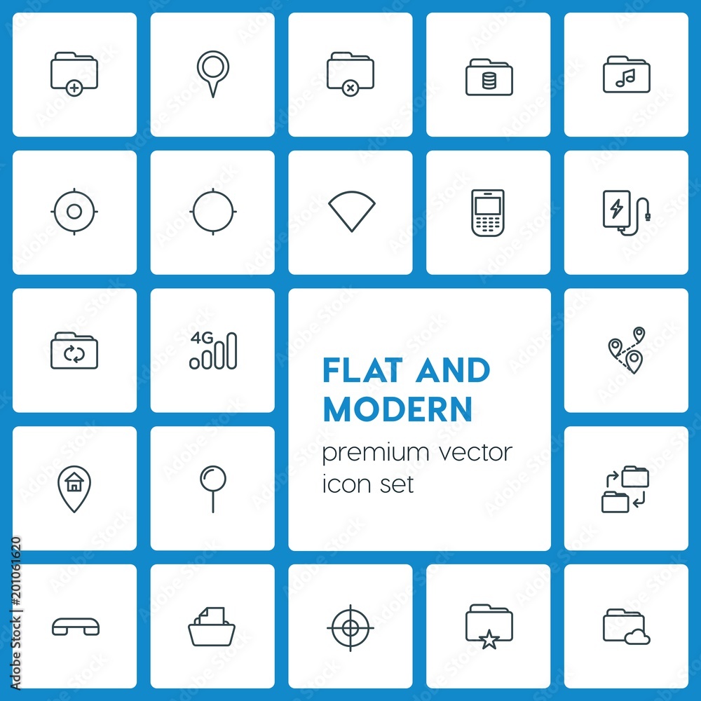 Poster modern simple set of location, folder, mobile vector outline icons. ..contains such icons as telepho