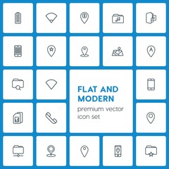 Modern Simple Set of location, folder, mobile Vector outline Icons. ..Contains such Icons as multimedia,  smartphone, phone, location,  file and more on dark background. Fully Editable. Pixel Perfect