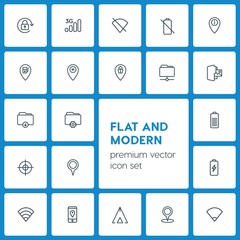 Modern Simple Set of location, folder, mobile Vector outline Icons. ..Contains such Icons as  location,  port,  tent, petrol,  sign,  update and more on dark background. Fully Editable. Pixel Perfect