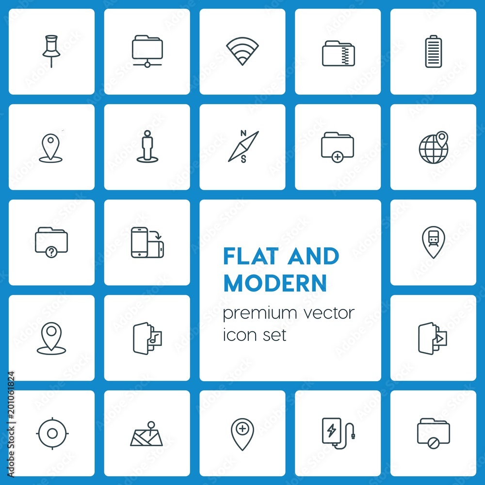 Poster modern simple set of location, folder, mobile vector outline icons. ..contains such icons as bank, p