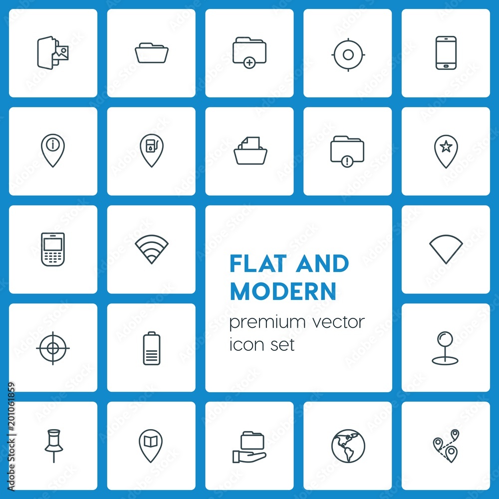 Poster modern simple set of location, folder, mobile vector outline icons. ..contains such icons as car, em